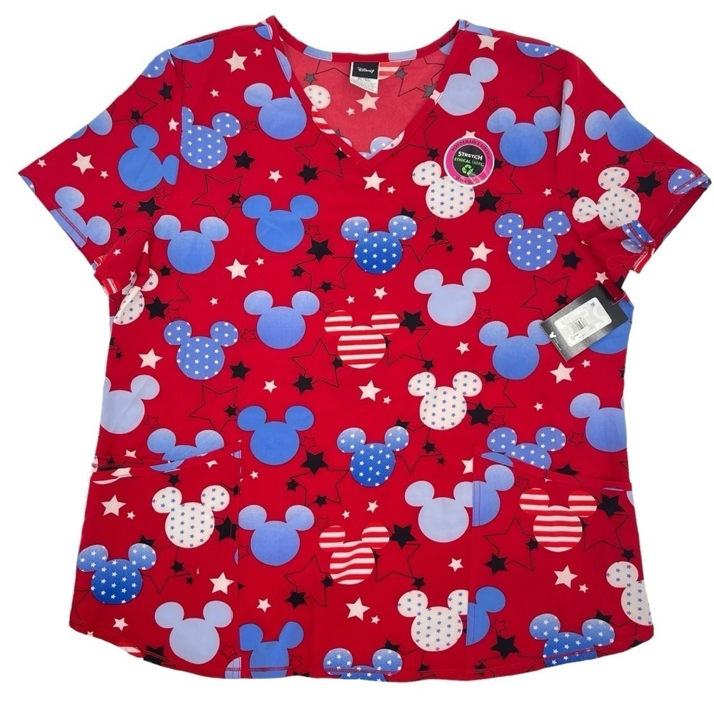 Disney Scrubstar Women's Size XL American Mickey V-Neck Print Scrub Top NWT